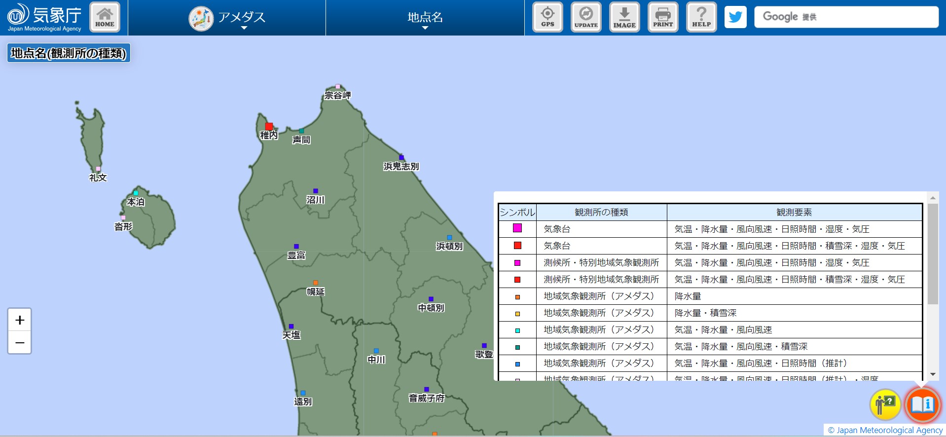 北海道北部のアメダス観測点地図