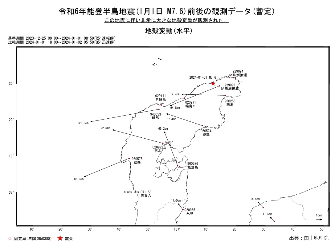令和6年能登半島地震に伴う水平方向の地殻変動量を示す図(国土地理院)