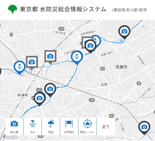 東京都水防災システムによる河川監視マップ