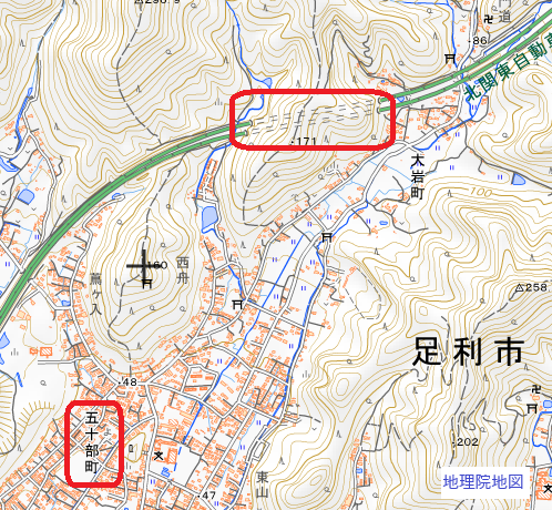 五十部と書いてヨベと読む地名がプロットされた地形図