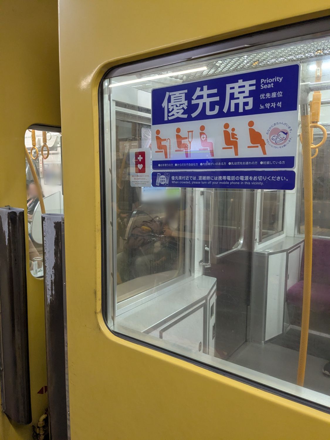 実車の連結面の写真。手前の編成には窓に優先席のステッカーが貼られている。窓越しに連結部のドアが見える。ホームから車両間への転落を防ぐ部品が車両の端に付いている