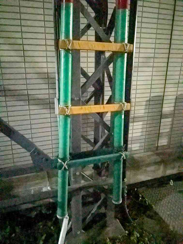 西武鉄道に常備されている梯子。3段目以上は踏ざんが黄色に塗られている